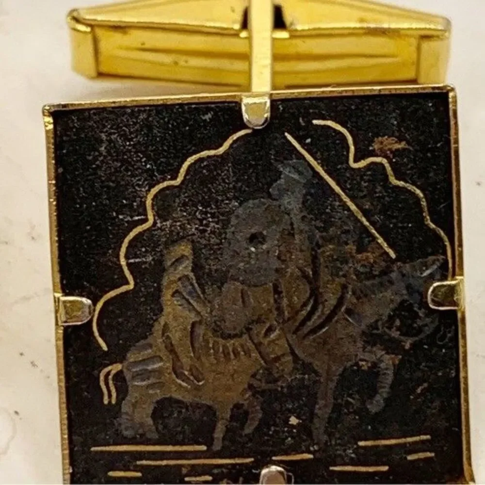 Vintage damascene men’s cufflinks men on horses black gold